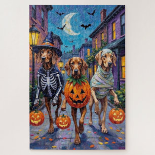 Weimaraner Trick-or-Treating in Halloween-Kostümen