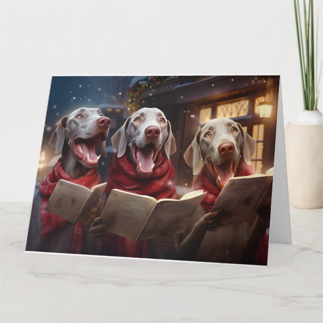 Weimaraner Weihnachts-Carolers Spaß-Urlaub Karte (Vorderseite)