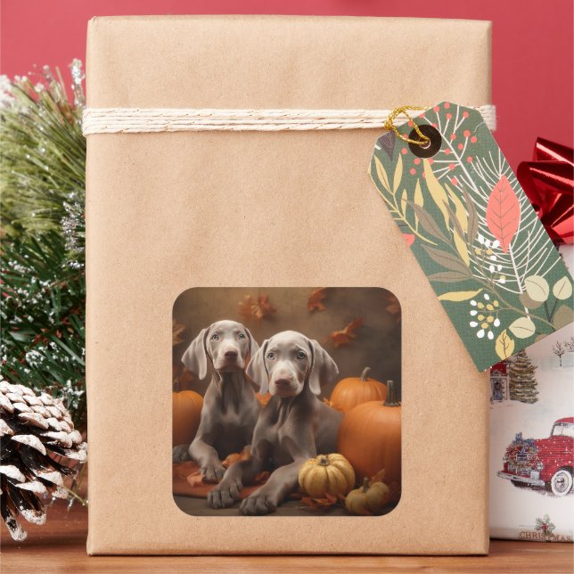 Weimaraner Welpe Autumn Delight Pumpkin Quadratischer Aufkleber (Feiertag)