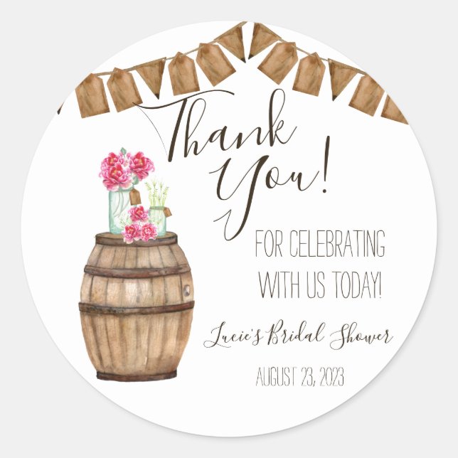 Wein Barrel Floral, Mason Jar Brautparty Runder Aufkleber (Vorderseite)