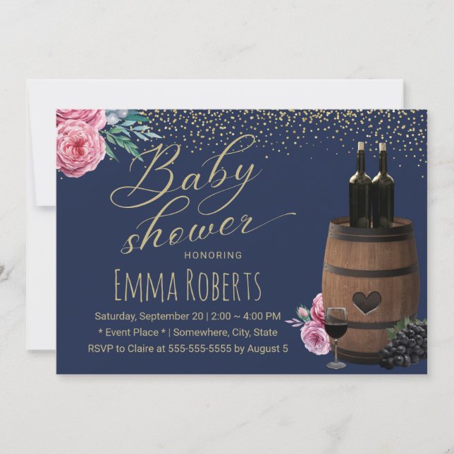 Wein Barrel Navy Gold Confetti Floral Baby Dusche Einladung (Vorderseite)