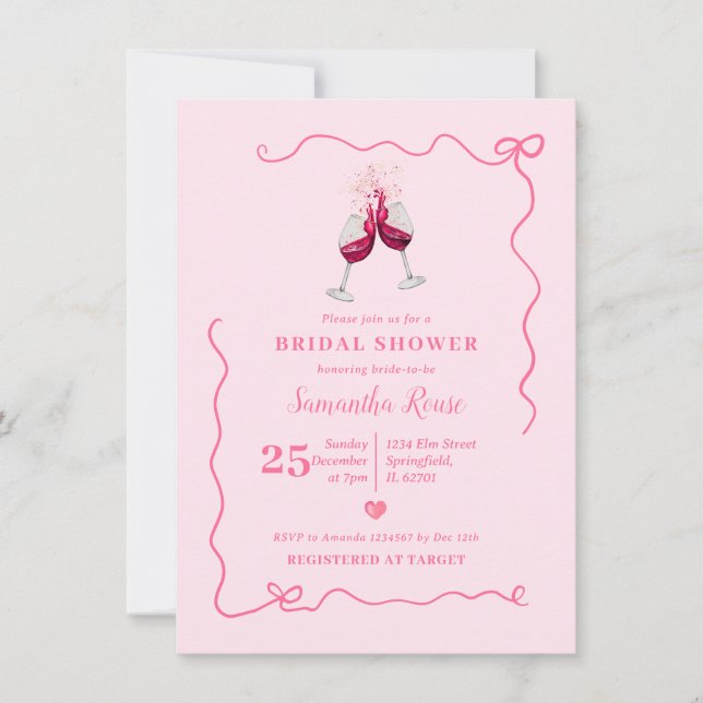 Wein Brautparty Valentine Handgezeichnet mit Bow Einladung (Vorderseite)