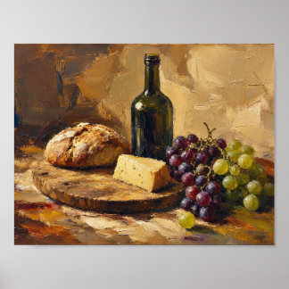Wein Brot Käse Trauben Abstrakte Kunstmalerei Poster