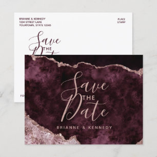 Wein Burgund Rose Gold Agate Marmor Save the Date Ankündigungspostkarte