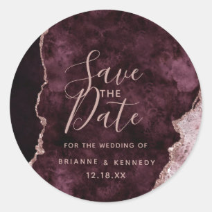 Wein Burgund Rose Gold Agate Marmor Save the Date Runder Aufkleber