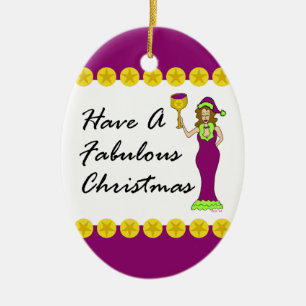 Wein-Diva-spielt fabelhaftes Weihnachtsgold Oval Keramikornament