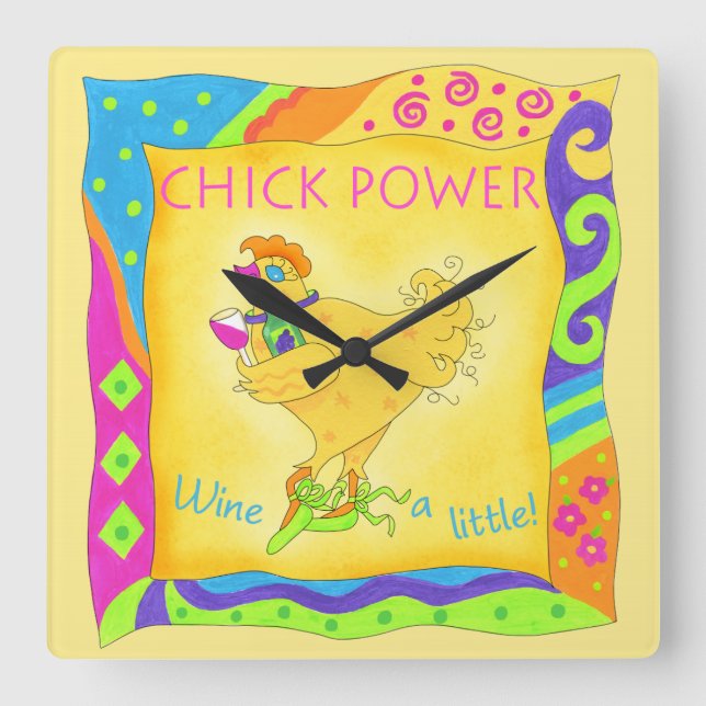 Wein ein wenig Kick Power Gelber Whimsy Quadratische Wanduhr (Vorderseite)