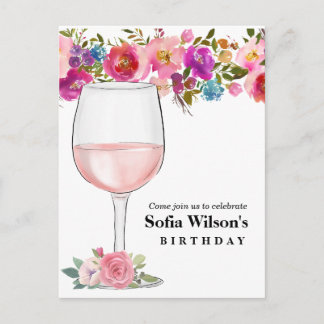 Wein, Erwachsenengeburtstag, Hochzeit, Blumen Einladungspostkarte