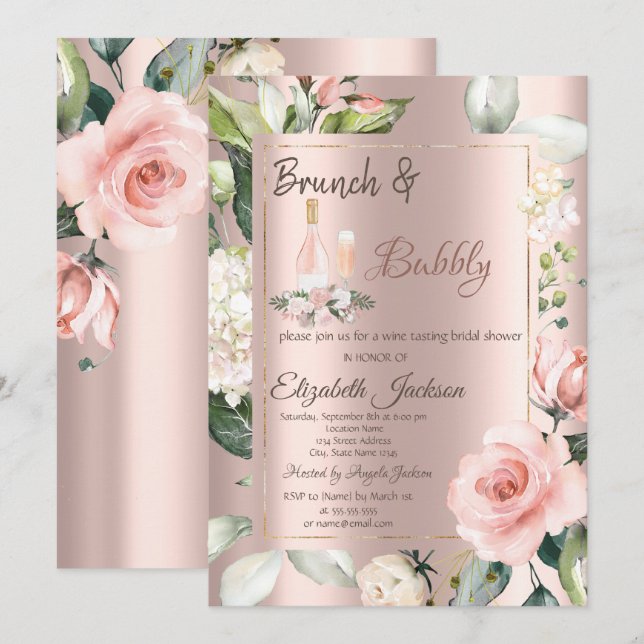 Wein Glas Flasche Rose Brautparty Einladung (Vorne/Hinten)
