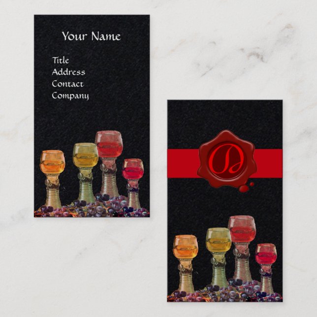WEIN-GLAS, ROT-WAX-SIEGEL-MONOGRAMM Schwarz Visitenkarte (Vorne/Hinten)