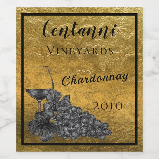 Wein Glas Trauben Gold Hintergrund Weinetikett (Einzelnes Label)