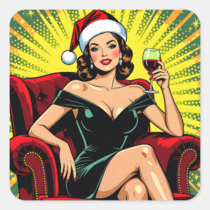 Wein Humor Retro Pop Art Weihnachten Quadratischer Aufkleber