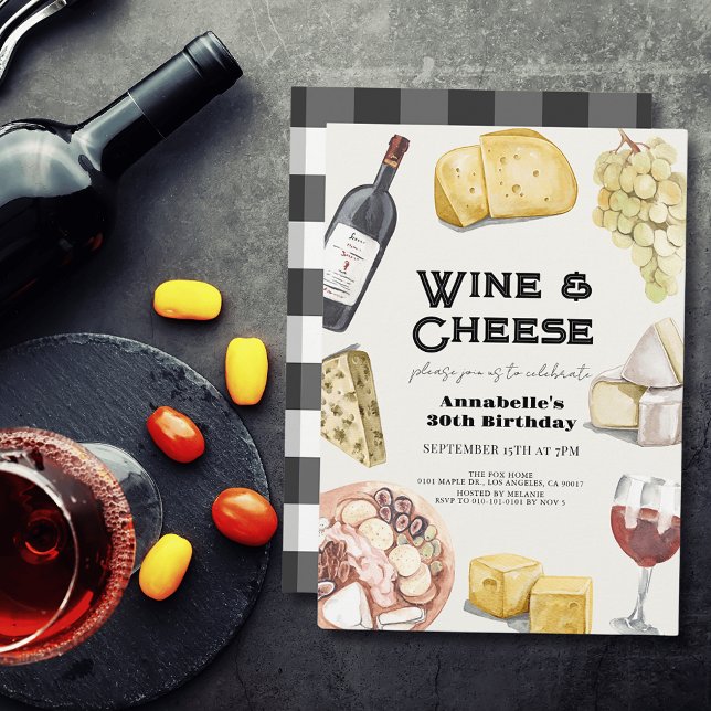 Wein & Käse Charcuterie Gingham Adult Geburtstag Einladung (Von Creator hochgeladen)