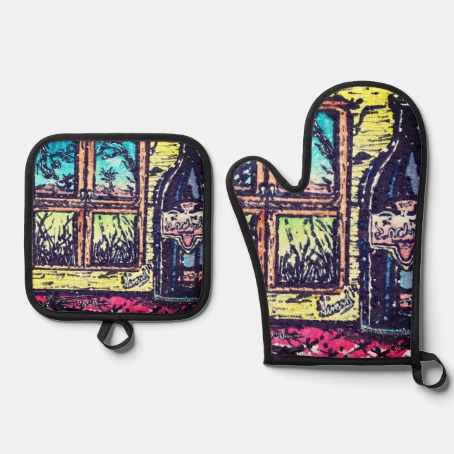 Wein mit Aussicht Ofenhandschuh & Topflappen-Set (Vorderseite)