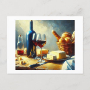 Wein mit Käse und Rolls, Postkarte