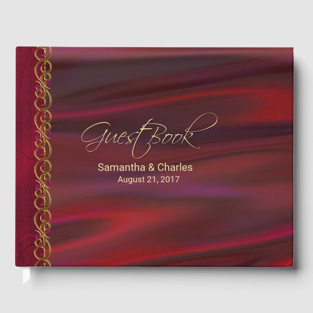 Wein Red Satin and Gold Look Wedelbook Gästebuch (Vorderseite)