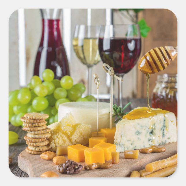Wein u. Käse Cheeseplate Aperitif-Aufkleber Quadratischer Aufkleber (Vorderseite)