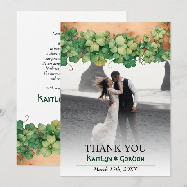 Wein und Holz rustikale St Patricks Hochzeit Foto Dankeskarte (Vorne/Hinten)