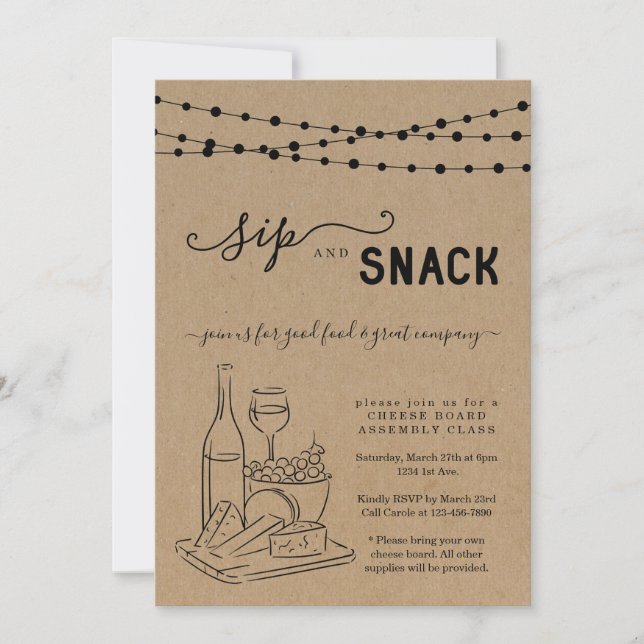Wein und Käse Party, Sip & Snack Einladung (Vorderseite)