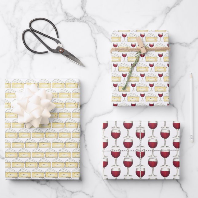 Wein und Käse Roter Wein Glas Brie Käse Wedge Geschenkpapier Set (Vorderseite)