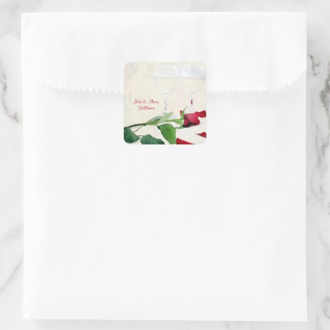 Wein und rote Rose Quadratischer Aufkleber (Tasche)