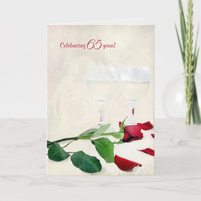 Wein und rote Rose zum 65. Jubiläum Karte (Vorderseite)