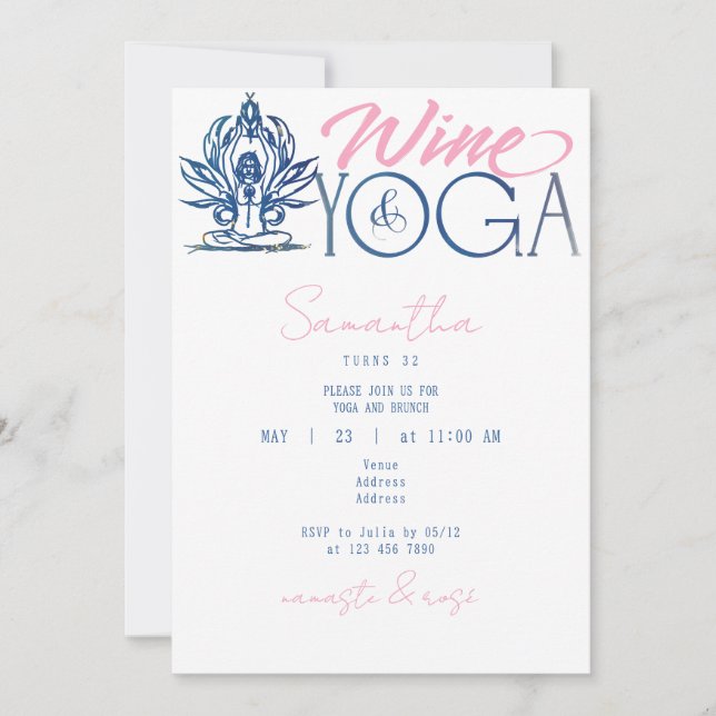 Wein & Yoga Namaste & Rose Minimaler Brunch Geburt Einladung (Vorderseite)