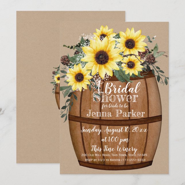 Weinbarrel Sonnenblume Bouquet Brautparty Einladung (Vorne/Hinten)