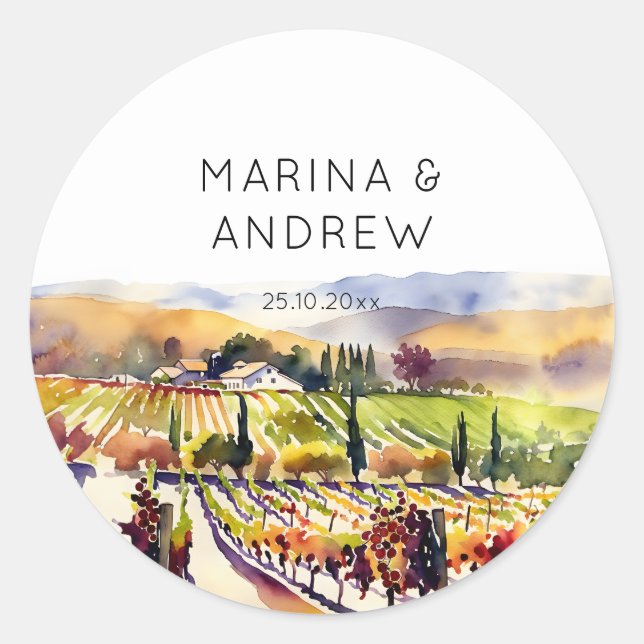 Weinberg Napa Tal Hochzeit Aquarellplatz Runder Aufkleber (Vorderseite)
