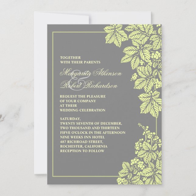 Weinberge oder Gartenhochzeit in Grau und Gelb Einladung (Vorderseite)