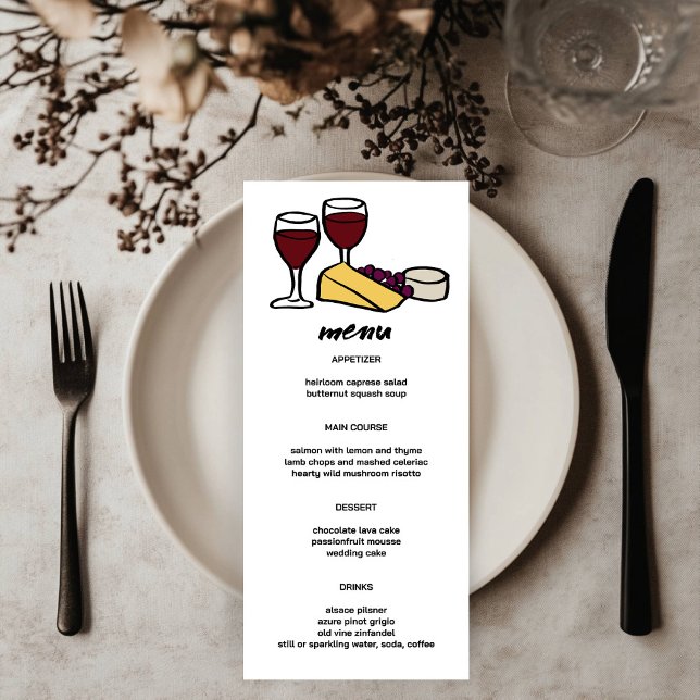 Weine & Käse Niedlich Doodle Sketch Modernes CUSTO Menükarte (Wine & Cheese Cute Doodle Sketch Modern CUSTOM Menu
)
