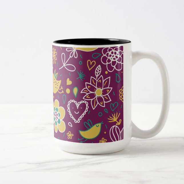 Weine Whimsikale Vögel und Blume Zweifarbige Tasse (Rechts)