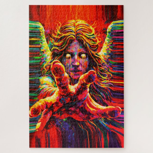 Weinender Engel Neon Multicolor Impasto Ölgemälde (Vertikal)