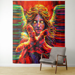 Weinender Engel Neon Multicolor Impasto Ölgemälde Wandteppich