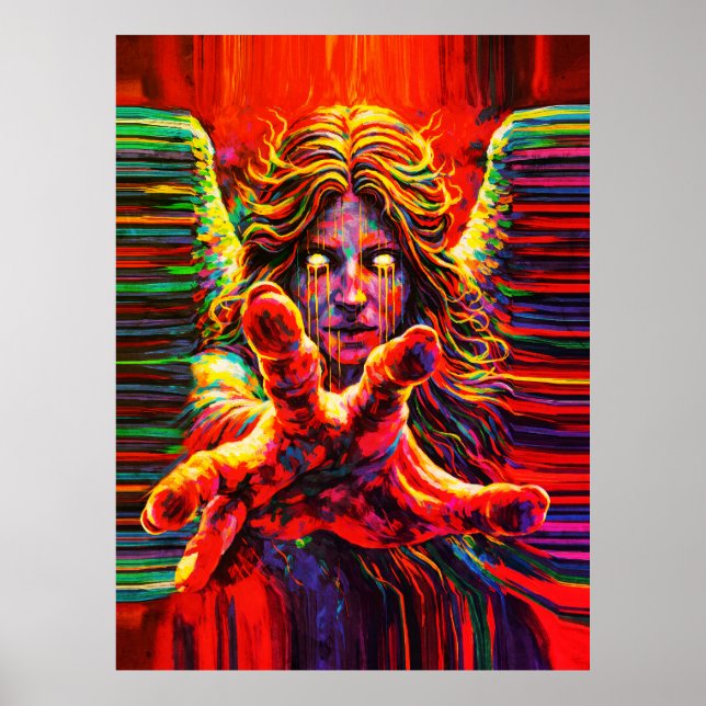 Weinender Engel Neon Multifarben Impasto-Ölgemälde Poster (Vorne)