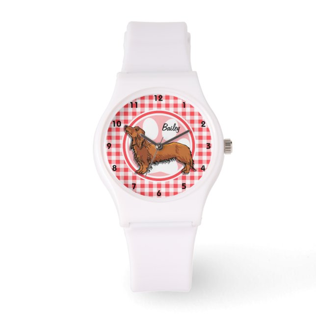 Weiner Dog; Rot und Weiß Gingham Armbanduhr (Vorderseite)