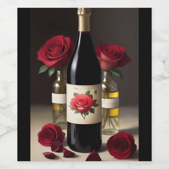 Weinetikett Rose (A beautifully arranged wine bottle surrounded by vibrant red roses.  )