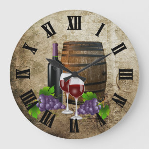 Weinfass und Gläser Große Wanduhr