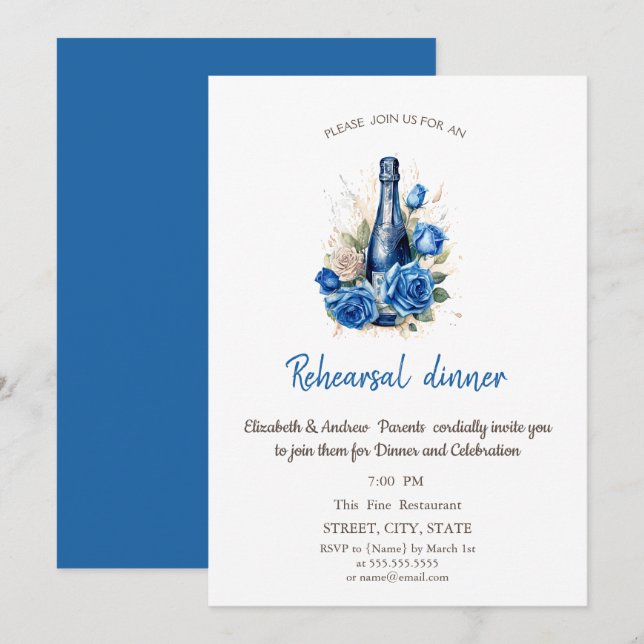 Weinflasche Blaue Rose Probe Abendessen Einladung (Vorne/Hinten)