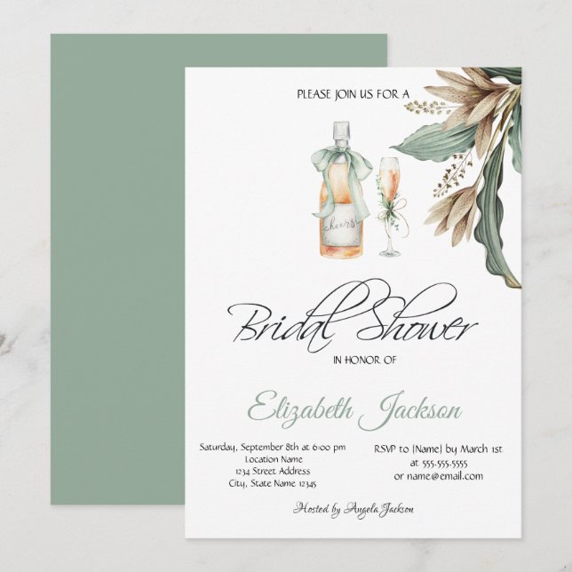 Weinflasche Glas Vintage Blume Brautparty Einladung (Vorne/Hinten)