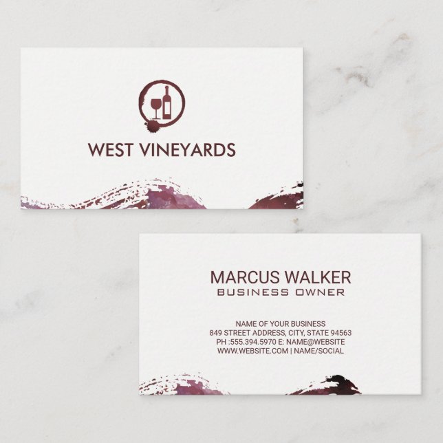 Weinflasche und Glas | Stain Watercolor Brushed Visitenkarte (Vorne/Hinten)