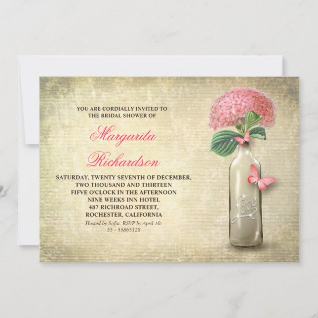Weinflasche und rosa Blume Brautparty lädt ein Einladung (Vorderseite)