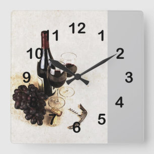 Weinflasche und Weingläser mit Trauben und Korken Quadratische Wanduhr