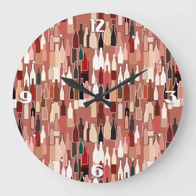 Weinflaschen, Erdfarben, Terrakotta-Hintergrund Große Wanduhr (Vorderseite)