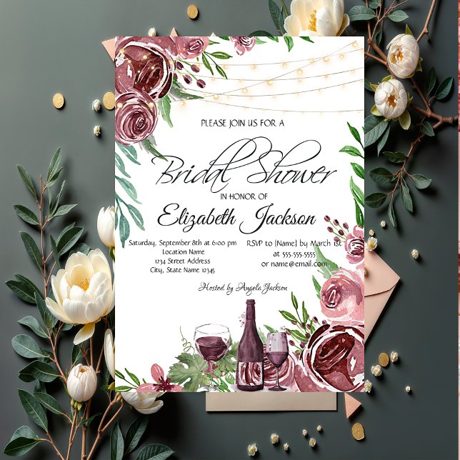 Weinflaschen Glas Burgundy Rose Brautparty Einladung (Von Creator hochgeladen)