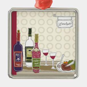 Weinflaschen mit Weingläsern auf Tabelle Silbernes Ornament