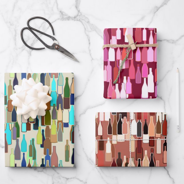 Weinflaschen Muster, Rost, Beige und Burgund Geschenkpapier Set (Vorderseite)