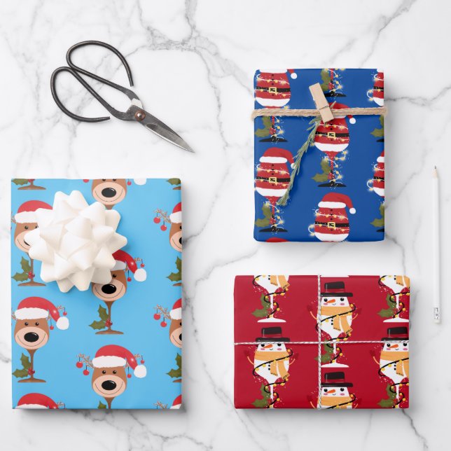 Weinflaschen Weihnachtsschneemann Geschenkpapier Set (Vorderseite)
