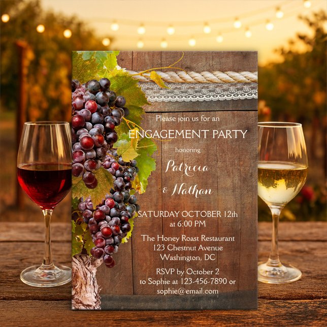 Weingarten Verlobung Weinkultur Einladung (Engagement party invitation featuring grapevines with lace and rope on a rustic wood wine barrel)