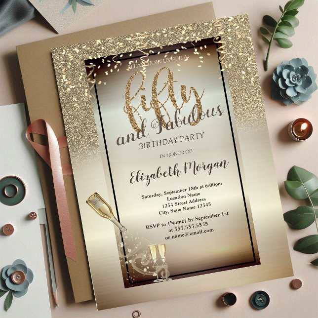 Weinglas, Flasche, Glitzer, Confetti 50. Geburtsta Einladung (Von Creator hochgeladen)